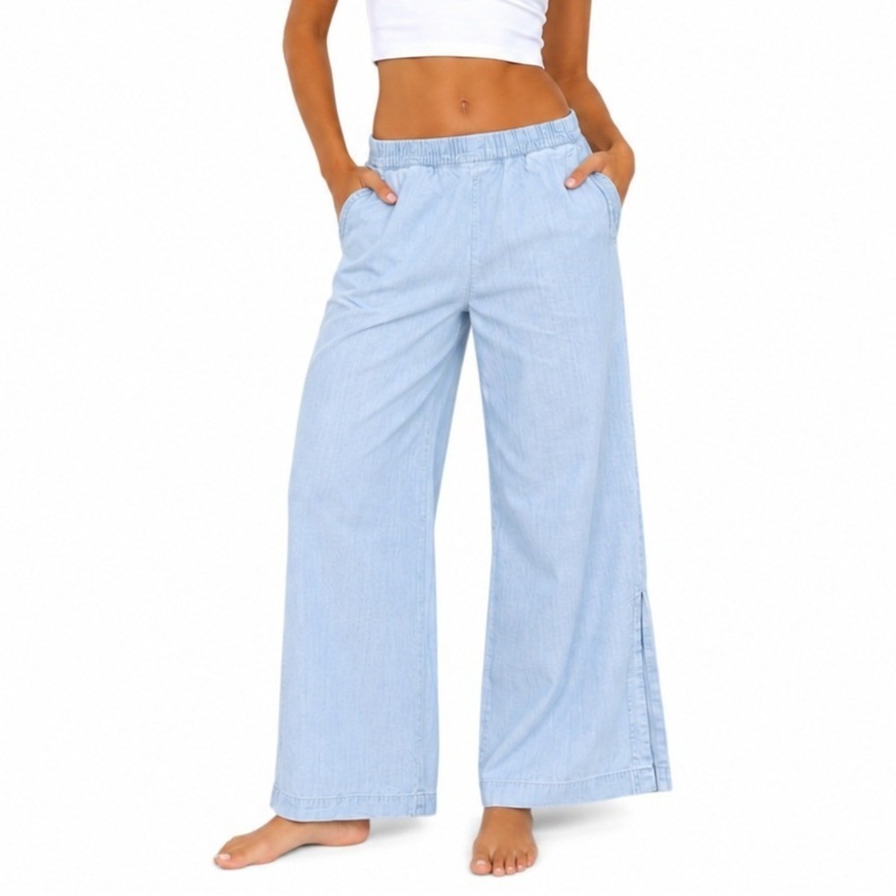 Grace The Perfect Fit Pants Womens L Blue Chambray Wide Leg Tencel Slit Hem